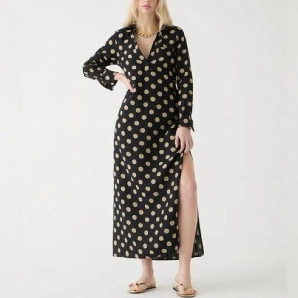 J.Crew Bungalow Maxi Popover Shirt Dress XS Black Tan Polka Dot Linen Pockets